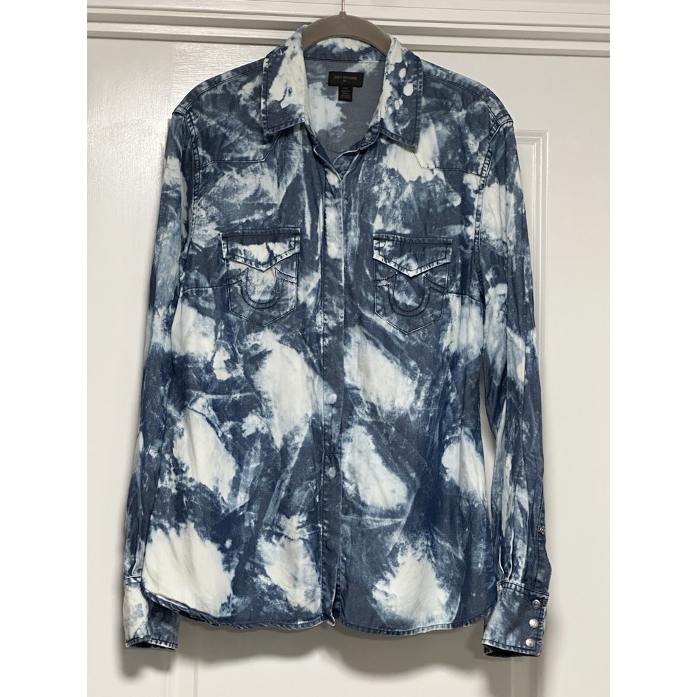 True Religion, Women's Western Georgia Tie Dye Bleach Indigo‎ Shirt, Sz Large